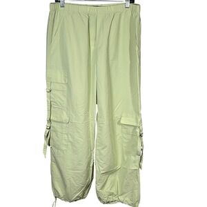 ZARA Women's Green Cargo Pants Size L Wide Leg Elastic Waist Drawstring Ankle